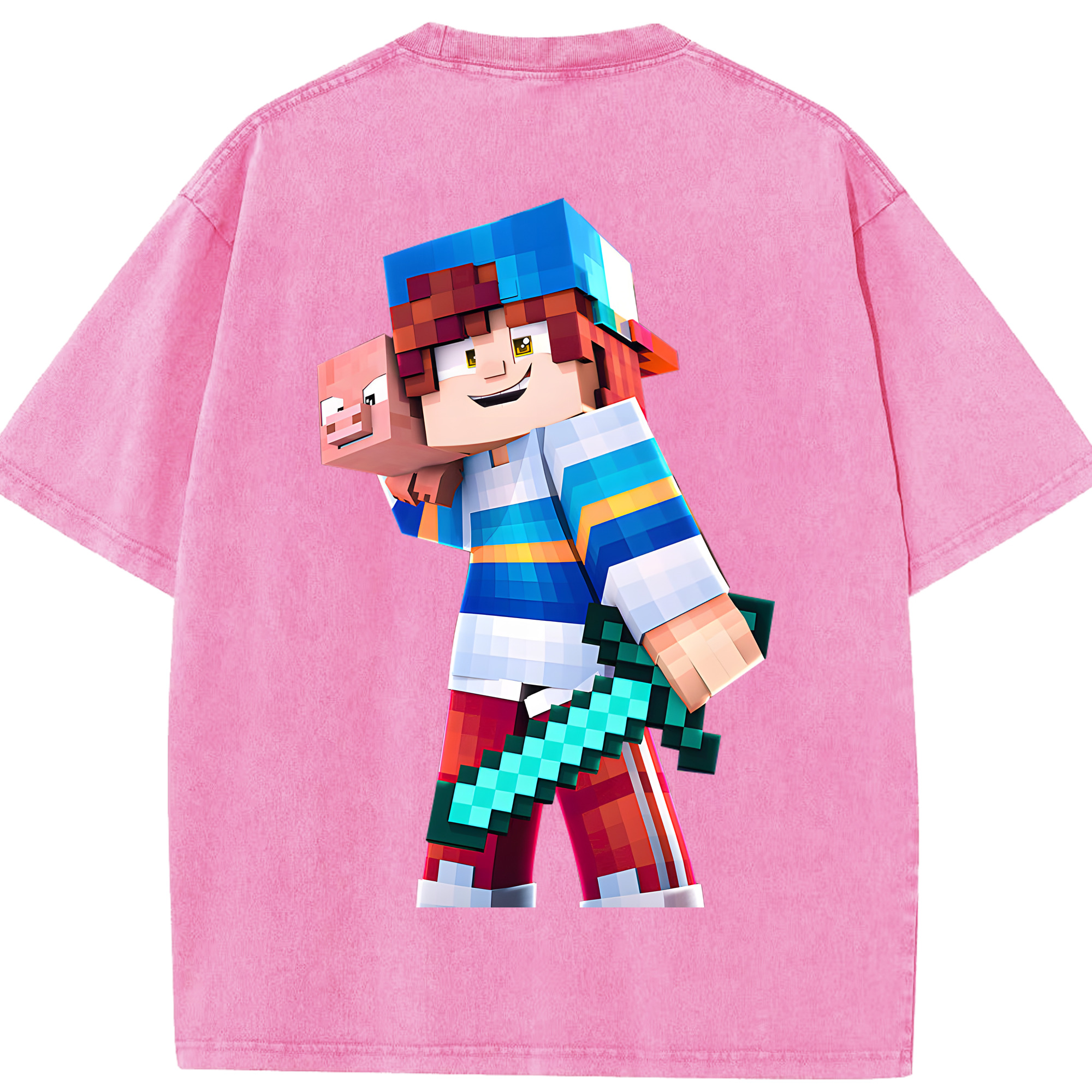 （画像用） マインクラフト ブロックの世界 Minecraft MC Block world 綿100% ヴィンテージ風 半袖Tシャツ（背面プリント）
